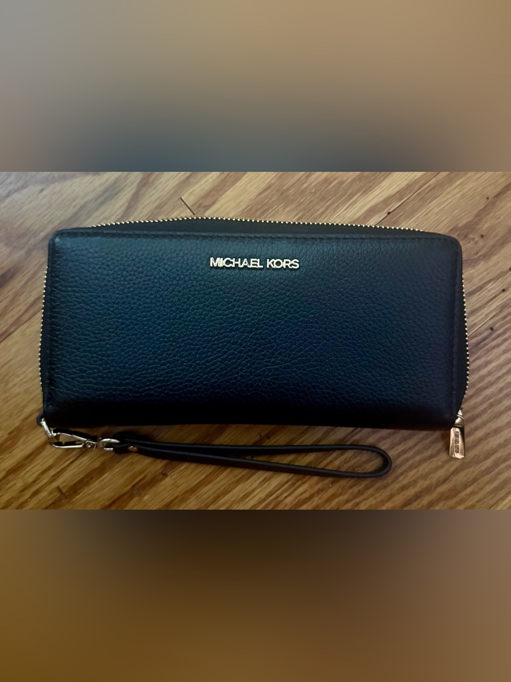 Michael Kors Black Leather Zip Wristlet Wallet with Gold Hardware